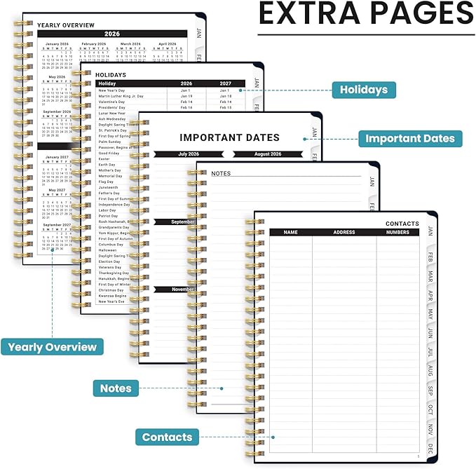 2026 Planner, Weekly and Monthly Calendar Planner for Women, Jan 2026 - Dec 2026, Hardcover Planning Agenda book with Tabs, Spiral Bound, Inner Pocket, Perfect for School Office Supplies, 6.3" x 8.5" - Hidden Bloom
