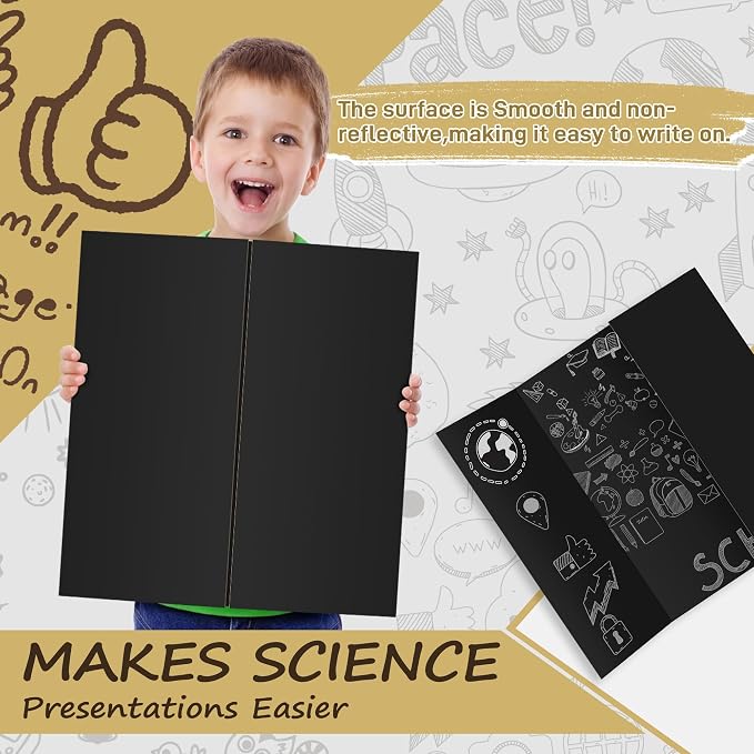 PSHVYM 12 Pcs Black Trifold Poster Board, 21.5 x 14 inches Poster Board with Double Sided Tapes and Cardboard, Corrugated Presentation/Display Board for School Project, Science Fair, Business