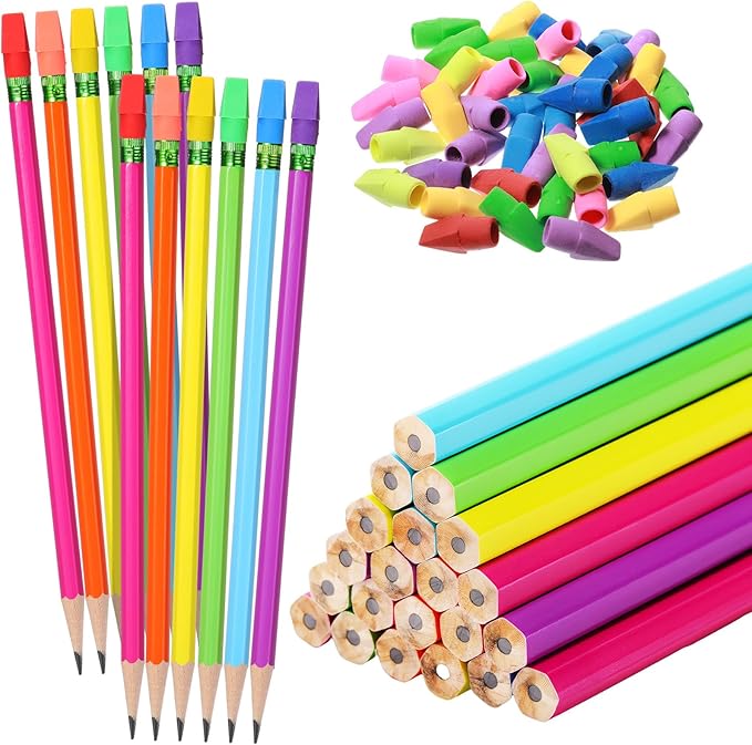 24sets/72pcs Wood-cased Pencils, Aesthetic #2 Eco Rainbow Paper Pencils with 48 Pcs Top Erasers, Number 2 Unsharpened Pencil Bulk Gifts for Birthday Party Favors Writing Drawing Office Sketching