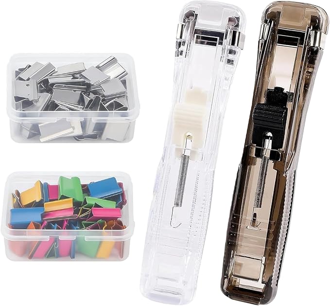 Portable Binder Clip Stapler - Includes 100 Reusable Clips, Compact No-Hole Binding Refillable Handheld Design, Portable Binder Clip Stapler for Office School Home Document Organization (2Pcs-a)
