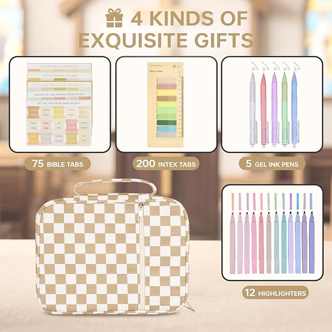 Bible Cover Case for Women Corduroy Bible Case for Girls Checkered Large Bible Cover with Handle Bible Study Supplies Accessories Christian Gifts for Women (Khaki, Medium)