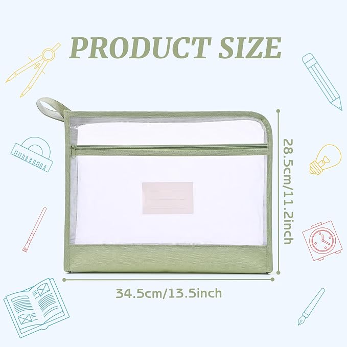Mesh Zipper Pouch Bag with Handle, A4 Sized Double-Layer Clear Nylon Document Bags with Label, 14 x 10 in File Puzzle Storage Organizer for School Office Travel Supplies (Green)