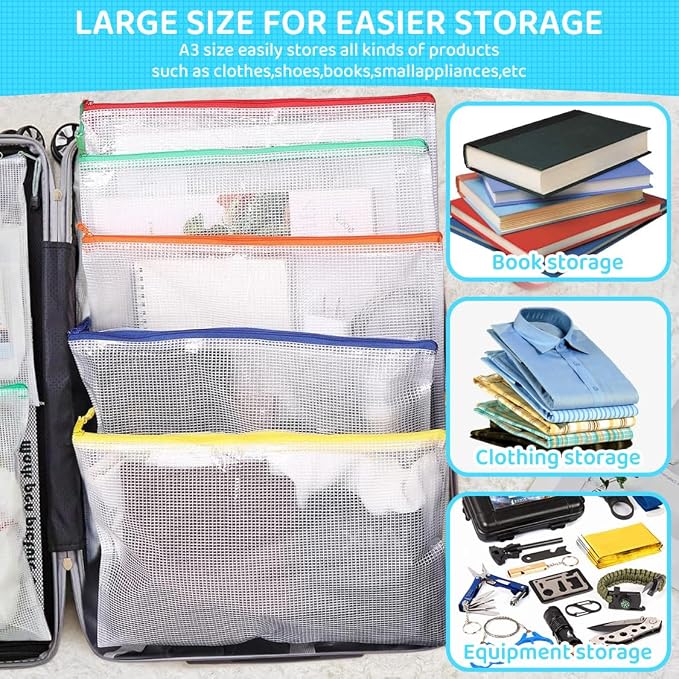 YOPCDJ 24pcs Mesh Zipper Pouch Bags, Large A3 17x12 Inches Reusable Zipper Bags Puzzle Storage 8 Colors Multipurpose for Board Games Travel Office Supplies and Home Organization