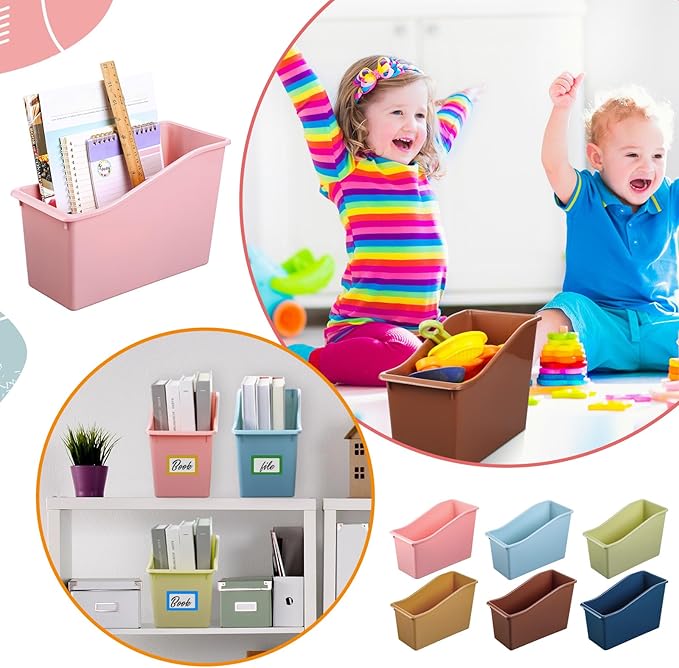 Jinei 24 Pack Boho Neutral Book Bins for Classroom Decor Bulk Plastic Bins with Name Labels Assorted Color Organization Book Bin Baskets Teacher Storage Boxes for Classroom Office