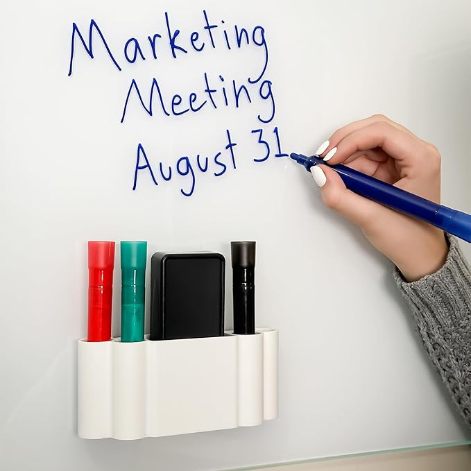 Glassboard Studio Magnetic Dry Erase Marker Holder - Super Strong for Magnetic Glass Whiteboard or Fridge - 2 Large Neodymium Magnets - No Slip Grip - Eco-Friendly PLA Plastic (Snow White, KIT)