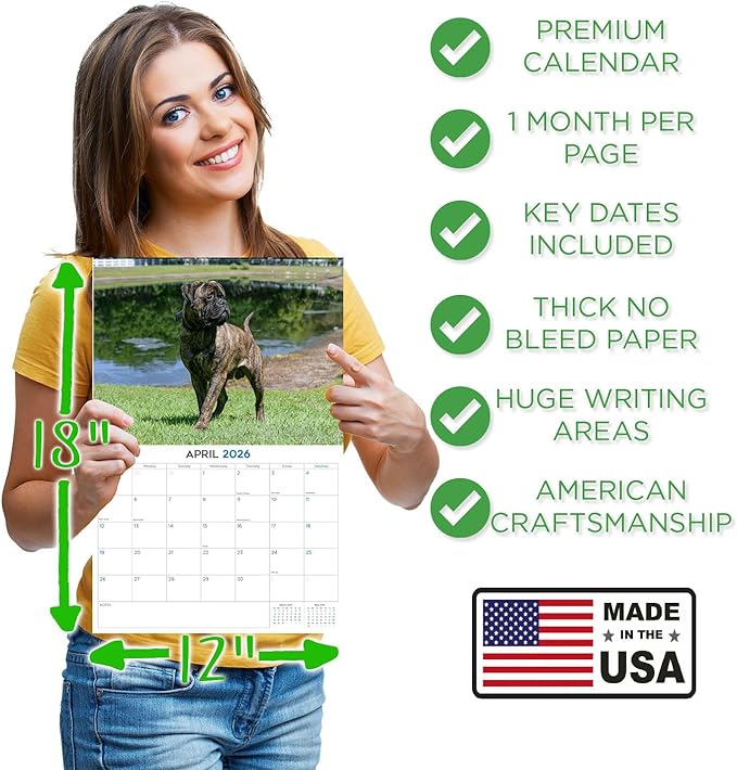 2025 2026 Bull Mastiff Calendar - Dog Breed Monthly Wall Calendar - 12" x 18" Open - Thick No-Bleed Paper - Giftable - Academic Teacher's Planner Calendar Organizing & Planning - Made in USA