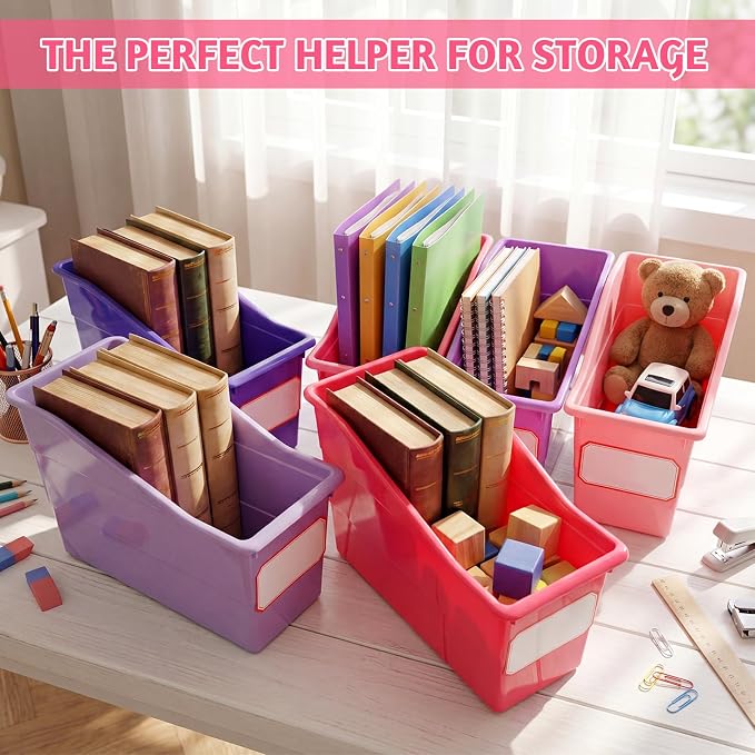 Teling 12 Pcs Book Bins Bulk - Plastic Book Storage Bin with Labels for Classroom Interlocking Magazine Holder Organizer Binder Container Box for School Office Desktop Bookshelf Home (Pink Purple)