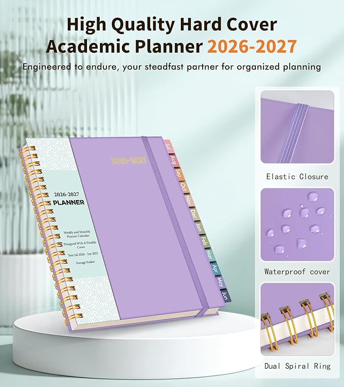 Academic Planner 2026-2027, Weekly and Monthly Calendar Planner from July 2026 - June 2027, 6.1" x 8.2" A5 Large Daily Agenda Book with Tabs, Flexible Cover, College School Organizer for Student Teacher, Purple
