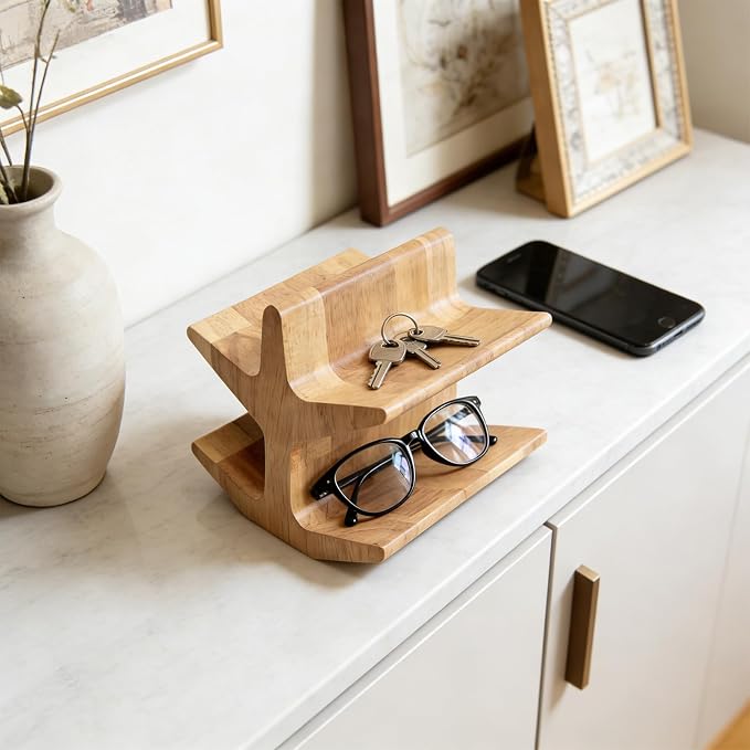 2-Tier Wooden Remote Control Holder Caddy, Decorative Desk Organizer for TV Remotes, Glasses, Office Supplies, Modern Storage Stand for Living Room, Bedroom