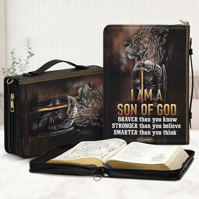 Jeuspirit Bible Covers - Leather Bible Organizer Case - Bible Book Carrier Bag With Zipper - Christian Gifts For Women - Bible Holder Bag, Bible Carrying Case Large Size (Son Of God)