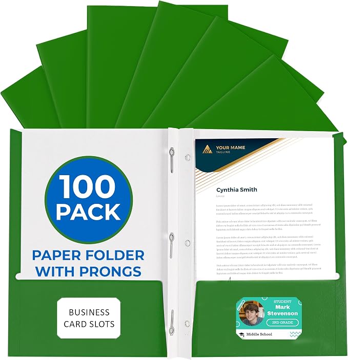100 Pack Green 2 Pocket Paper Folders. EPI Heavy Duty, Bulk Folders with Pockets, Prongs and Business Card Slots. Letter Size Document Organizers. Durable Portfolio for School, College, Office Files