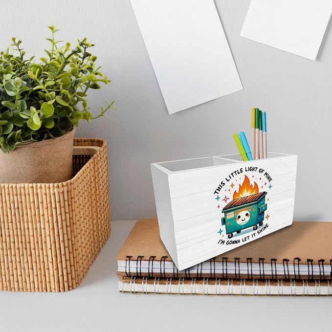Funny Dumpster Fire Pen Holder for Desk, This Little Light of Mine Dumpster Fire Wooden Box Sign Desk Decor for Office Decoration, Humorous Pencil Organizer, Funny Coworker Gifts