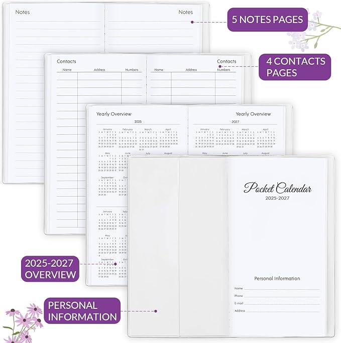 Phyxin Pocket Calendar, Pocket Planner - Runs From Jul 2025 Until Dec 2027, Small Calendar - 6.7" x 3.7", Calendar Planner for Women, Teacher, Students, Purple Flowers