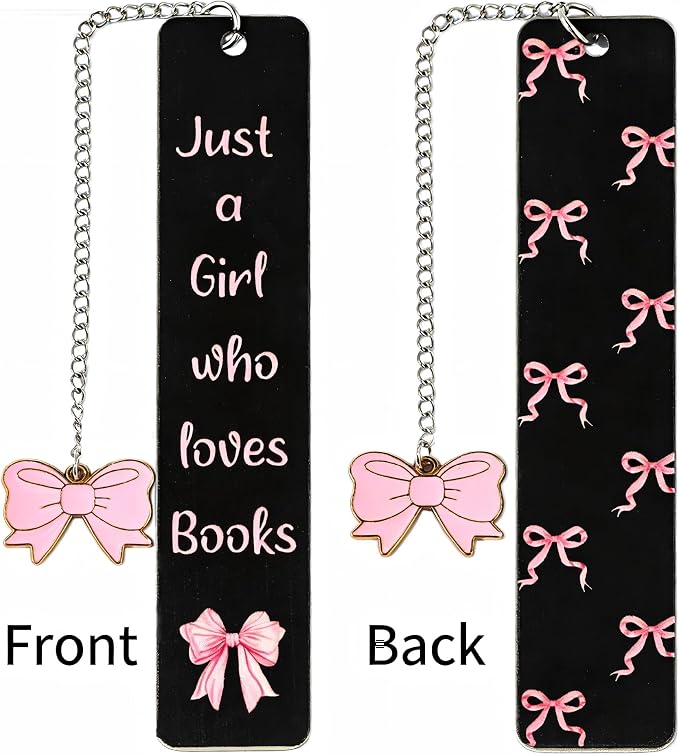 Pink Bowknot Stainless Steel Bookmark - Printed with Cute Bowknot Patterns & Equipped with Heart Pendants, Ideal for Female Readers, Perfect Birthday Gift for Girlfriends (Double-Sided B)