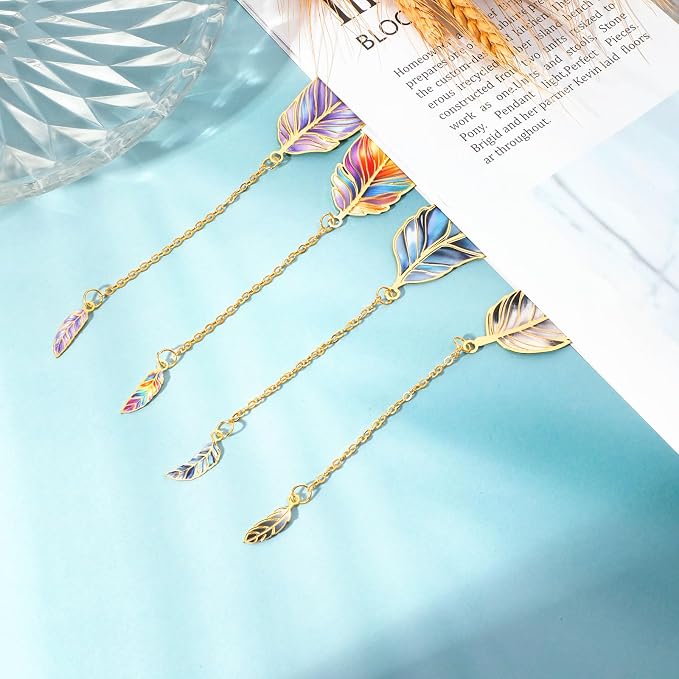 JSRQT 4Pcs Feather Metal Bookmark for Reading,Unique Page Markers Bookmarks with Chain Pendant,Book Mark Reading Accessories Gifts for Book Lovers Readers Women Men