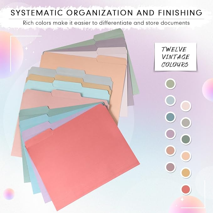 24 Pcs File Folders 9.5x11.6 Inch Manilla Folders Letter Size with 1/3 Cut Tabs 12 Colored Office Home School Organizers for Documents, Classroom Supplies and Paper Storage (Vintage Color)