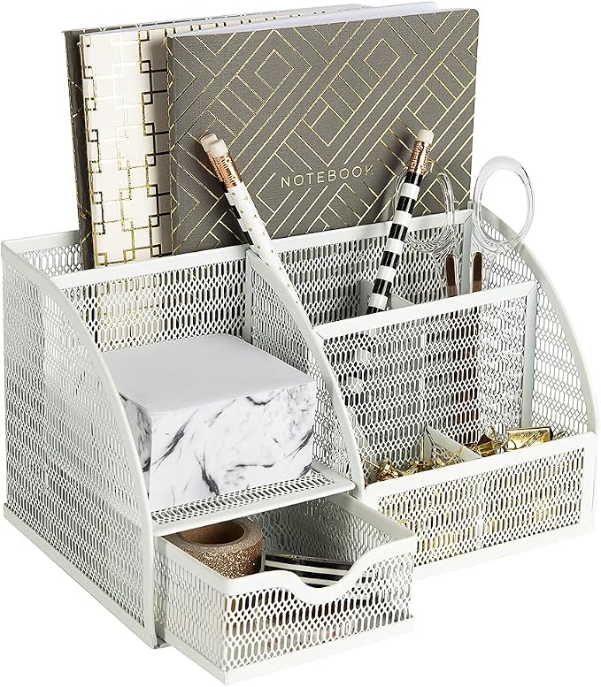 BLU MONACO | White Metal Mesh Desk Organizer with Drawer | 6-Compartment Desktop Storage for Office, School, Kitchen & Home | Modern Workspace Organizer for Pens, Papers, Supplies & Accessories