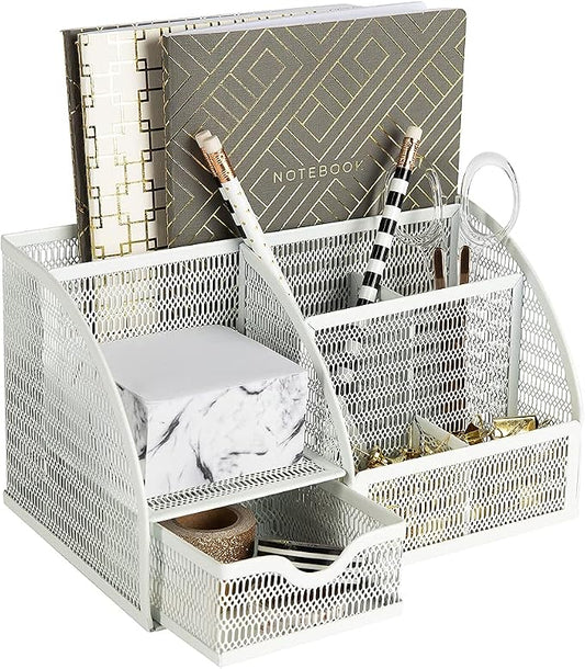 BLU MONACO | White Metal Mesh Desk Organizer with Drawer | 6-Compartment Desktop Storage for Office, School, Kitchen & Home | Modern Workspace Organizer for Pens, Papers, Supplies & Accessories
