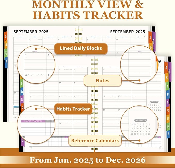 19 Months Planner, 2026 Weekly & Monthly Planner, 8.5"×11" Daily Weekly Monthly Calendar Planner, June 2025-Dec 2026 Organizers with Habit Tracker for School & Office, Colored Tabs, Stickers, Pocket, Ruler Bookmark-Black
