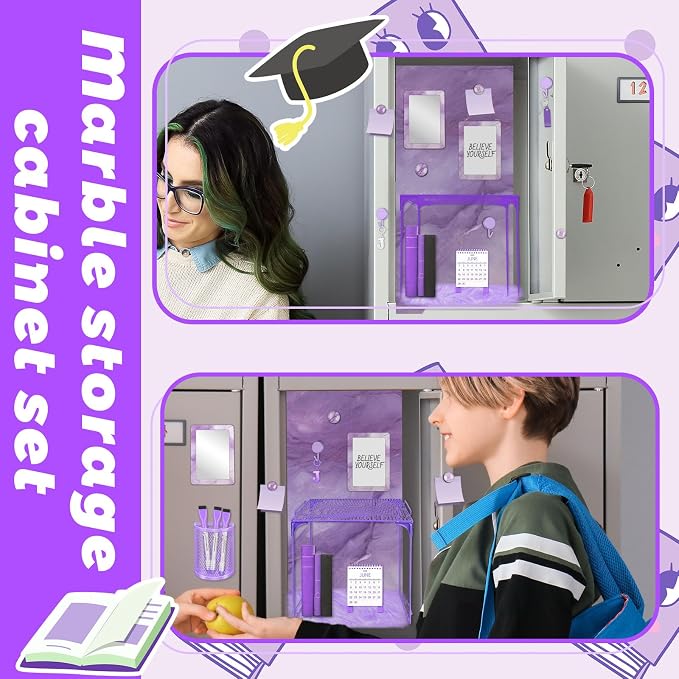 Denylo pro Purple Magnetic Locker Marble Theme Accessories Kit Include Back to School Essentials for Back to School Decorations Office Supplies