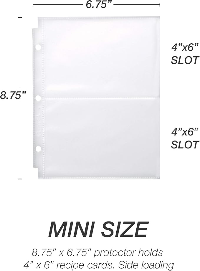 Samsill 4x6 Recipe Card Protectors, Splatter Proof, 2-4 Recipe Cards Per Sheet, Fits 8" x 9" - 3 Ring Binders, 25 Pack