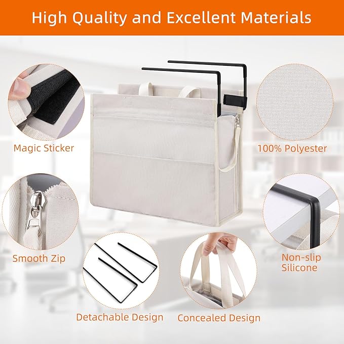MASTLU Under Desk Hanging Storage Bag, Desk Organizer Storage, Office Side Storage Bag, Compatible with A4 Files, Detachable Handle Design, No Assembly Required, for Office Home School (Beige)