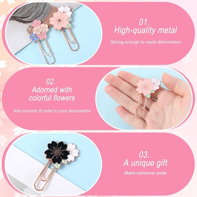 7 Pcs Cherry Blossoms Paperclip, Pretty Book Decorative Paper Clips Metal Paperclips for Bookmarks Fun Paper Clips Office Supplies Present for Bookmark Clamp Desk Stationery Accessories