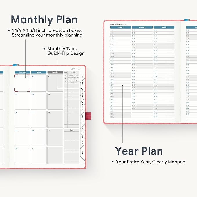 Weekly Planner 2026-2027 A5 (6.5" x 8.5") 12 Months (Jul'26 - Jun'27) Weekly & Monthly Planner with Month Tabs & Inner Pocket, Expenses/Note Pages, PU Leather Pink