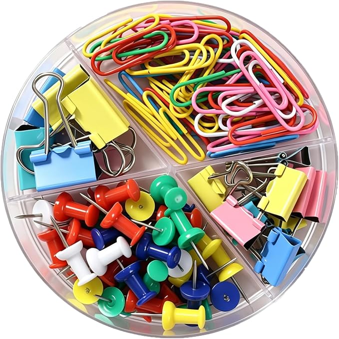 4-in-1 Office Supplies Kit, Assorted Desk Accessories Organizer Set with Color Binder Clips, Paper Clips & Push Pins, Cute Aesthetic Stationery Fasteners for School College Dorm Home Workspace Decor