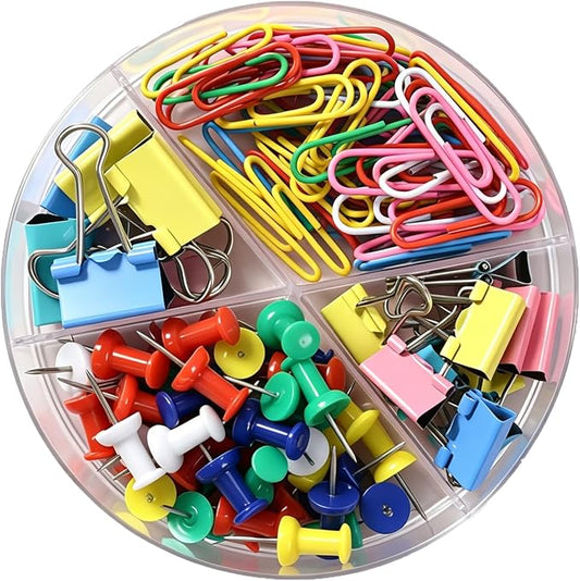 4-in-1 Office Supplies Kit, Assorted Desk Accessories Organizer Set with Color Binder Clips, Paper Clips & Push Pins, Cute Aesthetic Stationery Fasteners for School College Dorm Home Workspace Decor