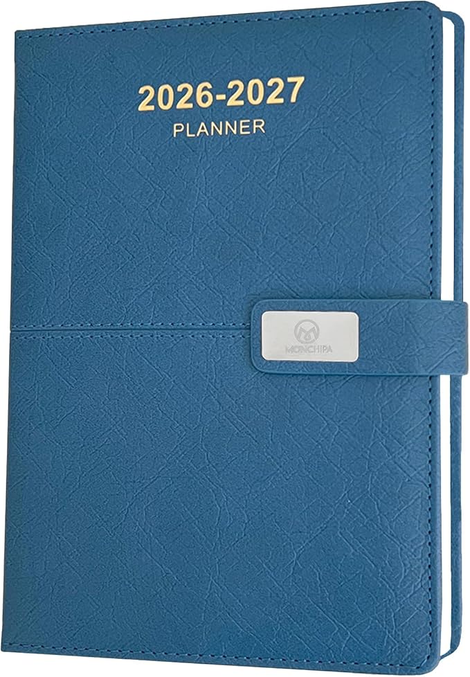 2026-2027 Daily Planner - One Page per Day, 2026-2027 Hourly Daily Calendar(July 2026 - June 2027), 5.7" x 8.26" Appointment Book, Leather Cover + Thick Paper (26-27 Blue)