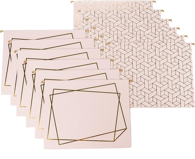 BLU MONACO 12 Pack Decorative Hanging File Folders | Letter Size with Adjustable Tabs | Pink Filing Folders with Gold Foil Design | Cute Hanging Folder Set for Office or Filing Cabinet