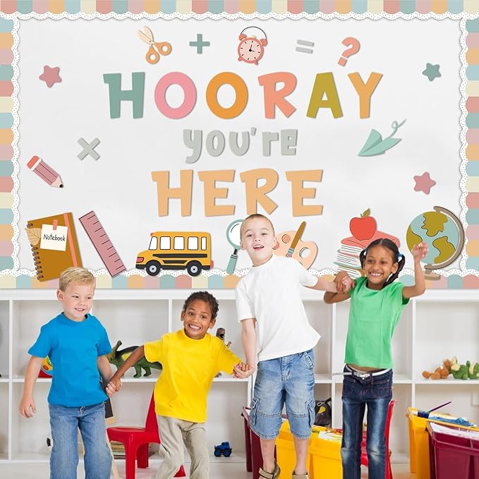 QOUBAI Groovy Bulletin Board Set Hippie Pastel Themed Classroom Welcome Bulletin Board Decoration Stationery Paper Cutout Classroom Decoration for Back to School Office Home Chalkboard Decor Wall Door