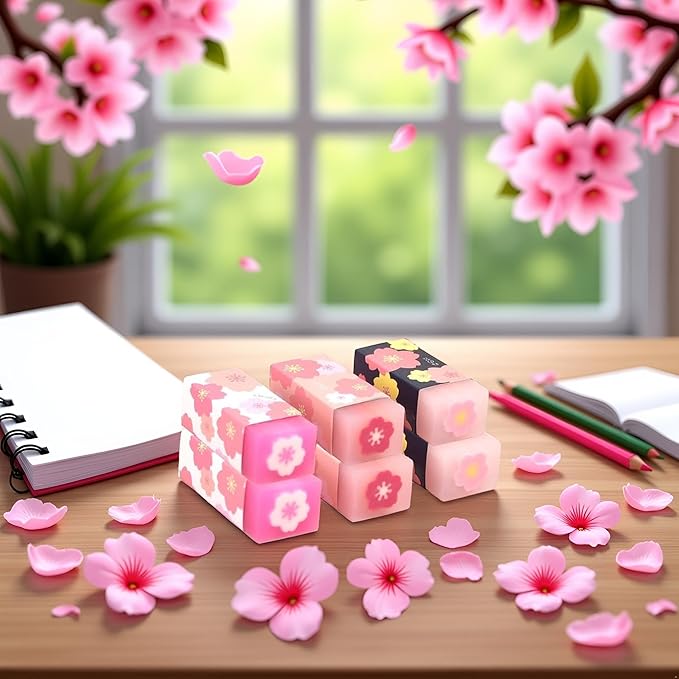 3 Pcs Pink Lovely Cherry Blossoms Rubber Erasers of Sakura Petal Sketch Painting Pencil Correction Tool School Office Stationery Supply Standard Pencil Erasers