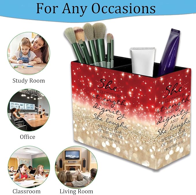 Pen Holder, Pencil Case, Makeup Brush Storage Box, Tableware Storage Box, Suitable for Office Or Home Item Organizing Stand - Red Glitter Quote Proverbs 31-25