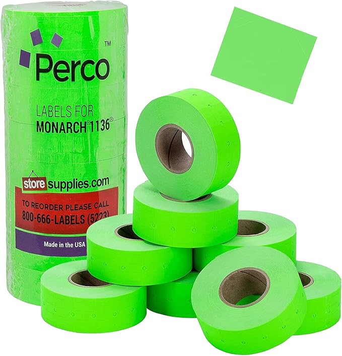 Perco Monarch Ink Roll for Monarch 1131 & 1136 Price Labelers (Pack of 4) Bundle with Perco Fluorescent Green Pricing Labels 1136 Price Gun - 8 Rolls, 14,000 Pricemarking Labels