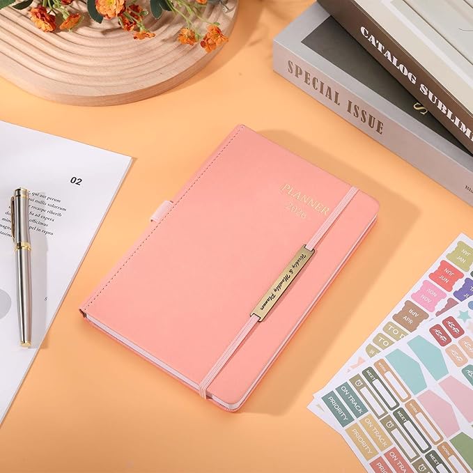 Tiankool Planner 2026, Jan 2026 - Dec 2026 Weekly Monthly Planner with Stickers, Elastic Closure, Inner Pocket, Round Corner, 5.8" x 8.25" - Pink