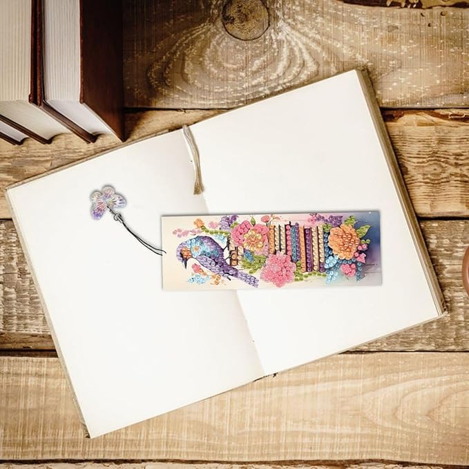 ARTopet 3Pcs DIY Diamond Art Painting Bookmarks with Colorful Butterfly Pendant PET Bookmark Ornament Double Sided Pattern Single Sided Diamond Book Marker Clip Gifts Tags-Book Pile Bird