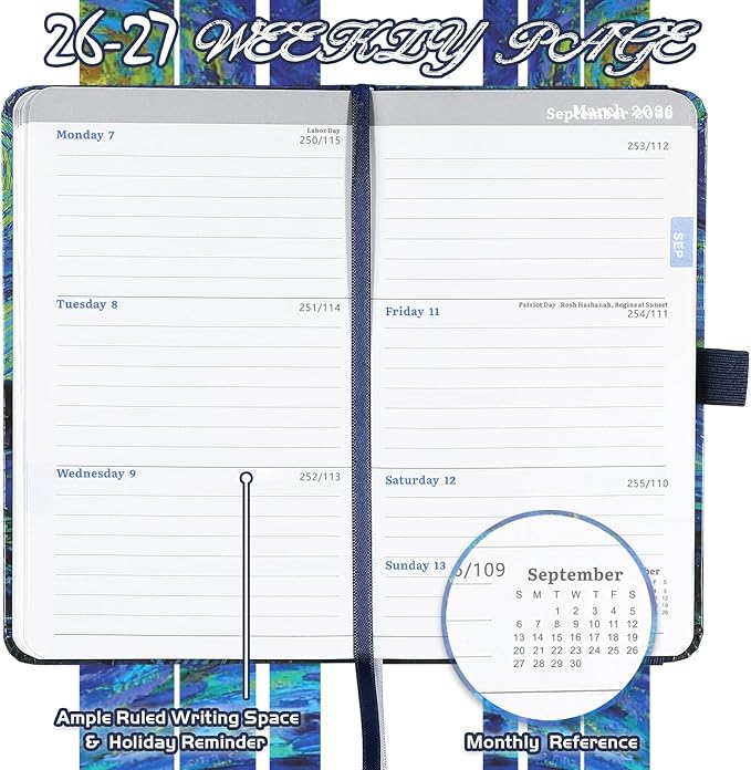 2026-2027 Pocket Planner/Calendar - 2026-2027 Calendar Weekly and Monthly from July 2026 - June 2027 with Spreads, 3.8" x 6.3", Pen Holder, Inner Pocket, Elastic Closure