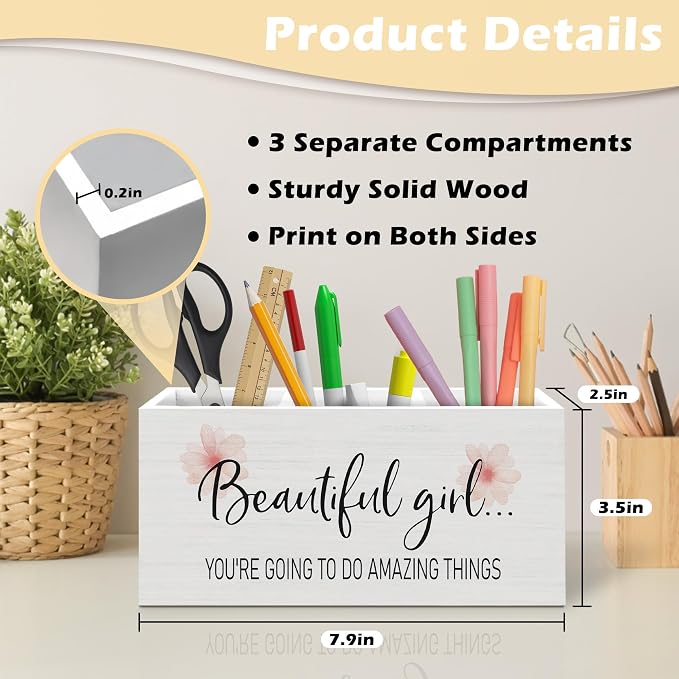 Pink Floral Motivational Pen Holder Organizer Desk Decor, Inspirational Encouragement Gifts for Women Girls Wooden Pen Pencil Holders for Home Office Desk Accessories