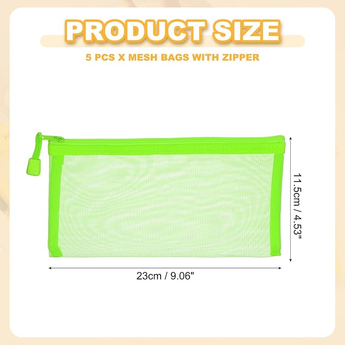 PATIKIL B6 Mesh Zipper Pouch Bags, 5 PCS Mesh Bags with Zipper Plastic Storage Pocket for Organizing File Beads Office Home Supplies, 11.5x23cm, Green