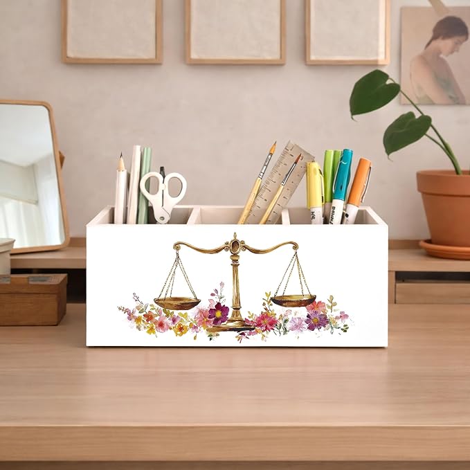 Law Desk Organizer Wooden Pen Pencil Holder for Desk, 3 Compartments Office Accessories, Justice Scale Lawyer Theme Decor, Legal Office Table Storage Organizer for Women Men