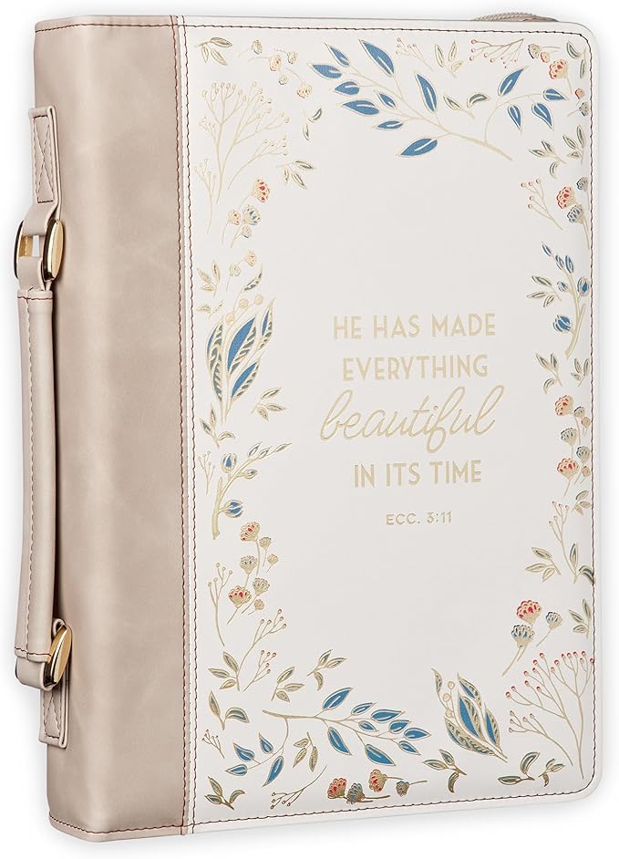 Christian Art Gifts Fashion Premium Vegan Leather Inspirational Bible Cover for Women: Everything Beautiful Encouraging Golden Bible Verse, Pen Loops, Pockets, Taupe & White Multicolor Floral, Large