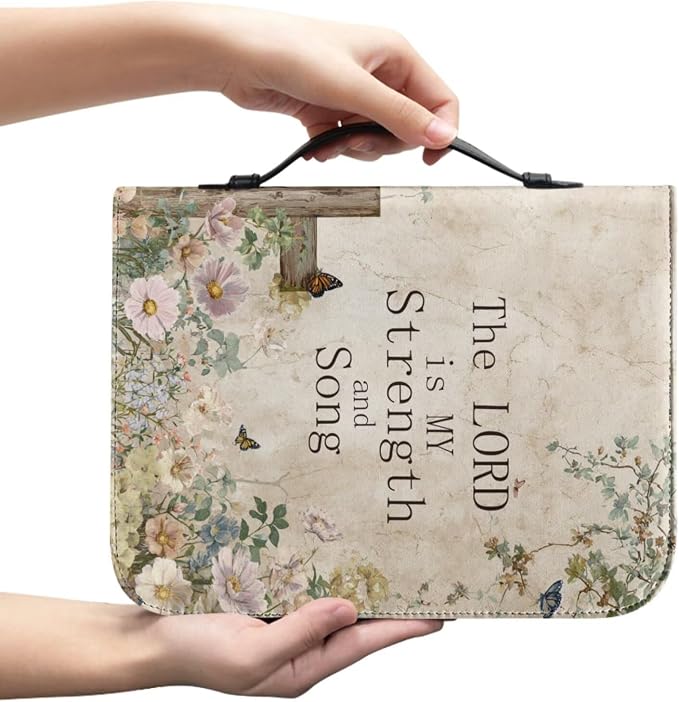 Vintage Floral and Cross Bible Case with Bookmark Waterproof Bible Cover Case for Women Lightweight Bible Bag with Handle Pockets Church Book Bag Beige