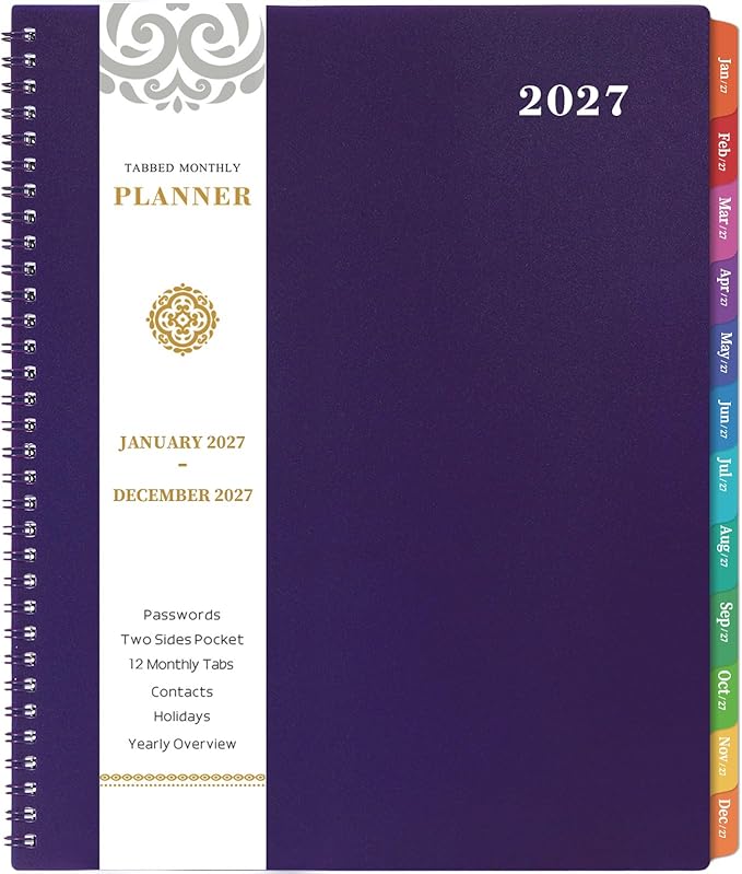 2027 Monthly Planner - 2027 Planner, JAN. 2027 - DEC. 2027, 9'' x 11'', Monthly Planner 2027 with Colorful Tabs, Monthly Calendar Planners with Pocket, Perfect for Shool Office Use - Purple