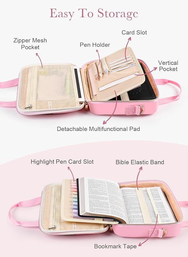 Pink Quilted Bible Bag with Study Supplies for Girls, Large Bible Cover Case for Women w/Journaling Highlighters Set & Shoulder Strap, Ladies Bible Holder Christian Gifts for Women & Teens
