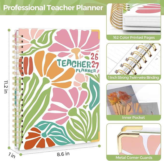 SKYDUE Teacher Planner 2026-2027 Academic Year, 8.5" x 11" Deluxe Teacher Lesson Planner with Monthly Tabs & Stickers, Lesson Plan Book 26-27, AbstractFloral