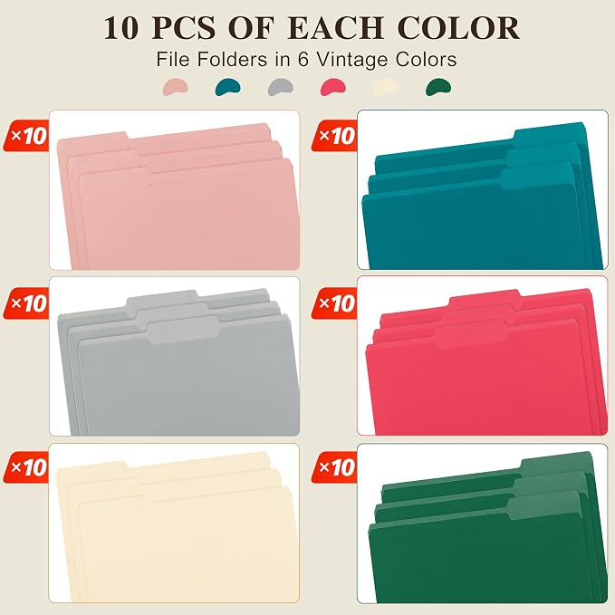 Color File Folders, 1/3-Cut Tabs, 60 Pack File Folder Letter Size, 6 Assorted Colors Organizer File Folders for School Home Office Business