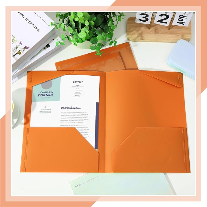 Henoyso 36 Pack Orange Plastic Folders with Clear Front Pockets Heavy Duty File Folders with 2 Pockets and Card Slot for Student Communication School Office Presentation Report