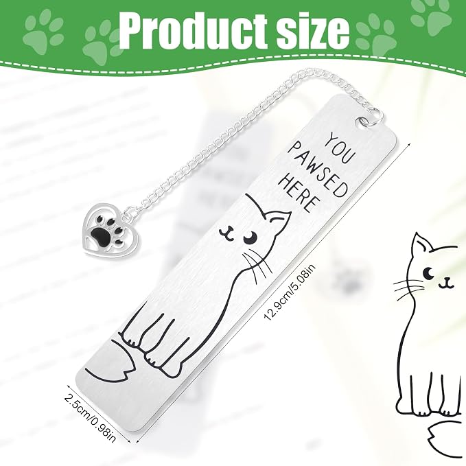 Cat Pendant Bookmark, Cute Cat Gifts Funny Silver Animal Metal Book Marks for Reading Women You Pawsed Here Kitten Bookmark Kitty Lovers Gift for Women Men Readers